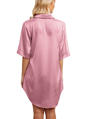 Pokwai Button Down Nightgown For Women Silk Satin Short Sleeve Sleepshirt Night Shirts For Women(Rose Red,Medium) #TOP5