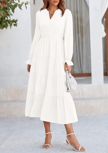 PRETTYGARDEN Long Sleeve Dress for Women 2025 Fall V Neck Tiered Aline Spring Elegant Modest Flowy Wedding Guest Maxi Dresses