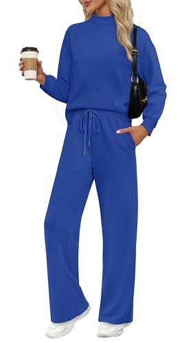 Image of WIHOLL Two Piece Sets for Women Fall Outfits Lounge Sets Mock Neck Tops Wide Leg Pants Vacation Travel Airport Outfits