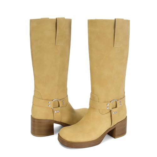 Image of Women's Knee High Riding Boots Chunky Heel Wide Calf Motorcycle Boots with Side Zipper