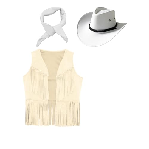 Moily Kids Girls Faux Suede V Neck Fringe Waistcoat with Cowgirls Hat Bandana Western Clothes3
