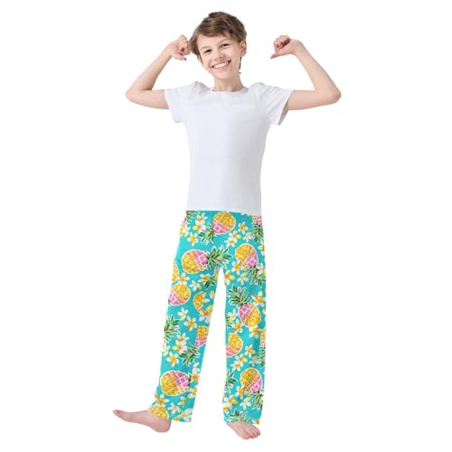 Pineapples Hibiscus Floral Boys Long Pants Soft Trousers Elastic Waist Kids Lounge Bottoms with Pockets S-XL2