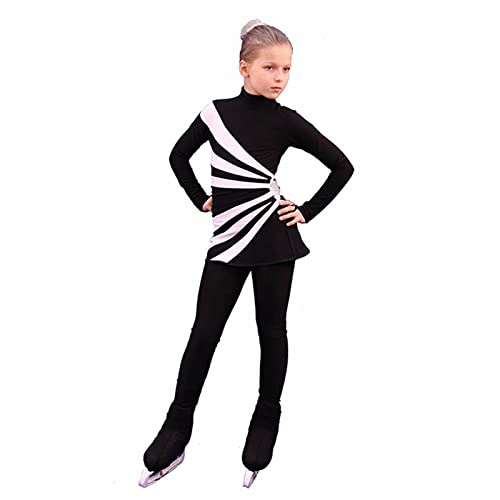 Dagord Figure Skating Training Suit, Color Stitching Strips Elastic Warm Women's Girl's Ice Skating Training Jackets And Pants Leggings Sets,S,Black White #TOP4