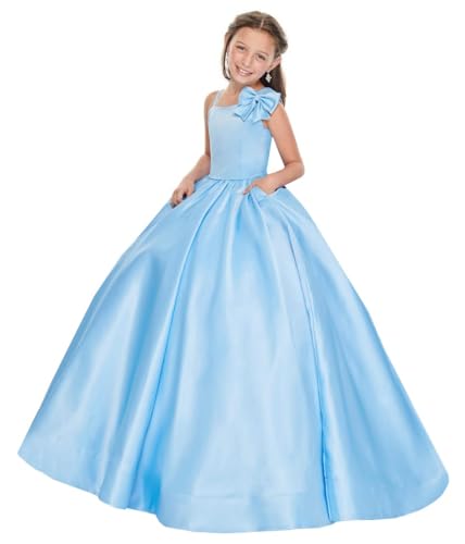 Flower Girls Satin One Shoulder Pageant Dresses Pocket Kids Birthday Communion Gowns with Bow