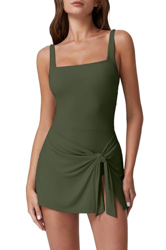 Image of QINSEN Square Neck Swim Dress for Women Tummy Control One Piece Swimsuit Wrap Bathing Suit