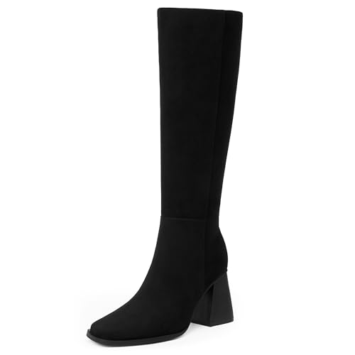 Square Toe Knee High Boots for Women - Chunky Block Heel With Side Zipper - Fall Tall Boots