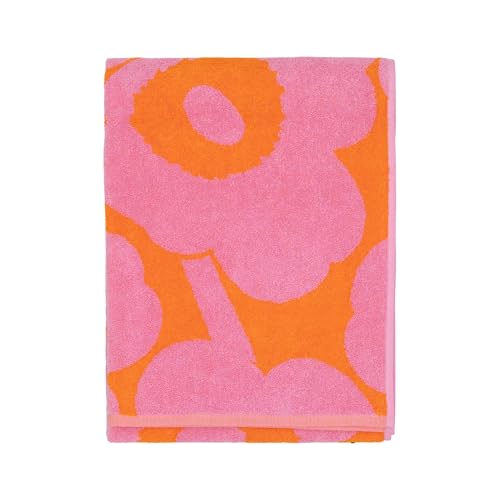 MARIMEKKO Iso Unikko Orange & Pink Terry Cotton Bath Towel – Blue Floral Towels for Bathroom – Iconic Floral Design by Maija Isola – 150 x 71 cm (59 x 28 in)