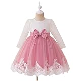 WujiJia Girls Long Sleeve Lace Tulle Dress with Elegant Flower Girl Party for Wedding Birthday Photoshoot Vestidos para Niñas (Pink,4-6 Years)