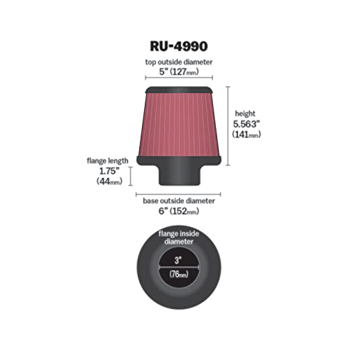 Image of K&N High-Flow Original Lifetime Universal Clamp-On Air Filter: Performance, Premium, Washable: Flange Diameter: 3 In, Filter Height: 5.5625 In, Flange Length: 1.75 In, Shape: Round Tapered, RU-4990