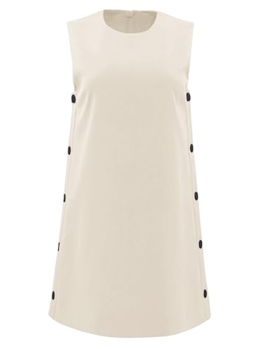 Image of Dqbeng Women's Casual Mini Shift Dress Tunic A-Line Sleeveless Buttoned Summer Dresses with Back Zipper (Beige-M)
