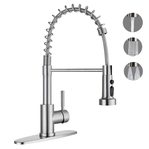 Image of Kitchen Faucets with Pull Down Sprayer, Brushed Nickel Stainless Steel Single Handle Pull Out Spring Sink Faucet, 3 Function Sprayer 1 or 3 Hole Deck Plate for Farmhouse Laundry Rv Bar