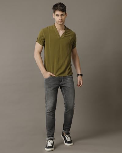 Image of Identiti MenSlim Fit Half Sleeve Solid Smart V Placket Casual Shirts