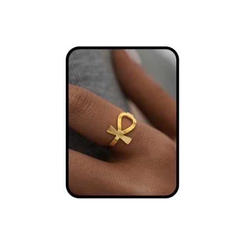 JWIGP Ankh Cross Adjustable Ring – Gold Plated Chunky Statement Band, Egyptian Symbol Jewelry, Stainless Steel Spiritual Thumb Index Midi Retro Vintage Fashion Accessory for Women Men (H: Gold)