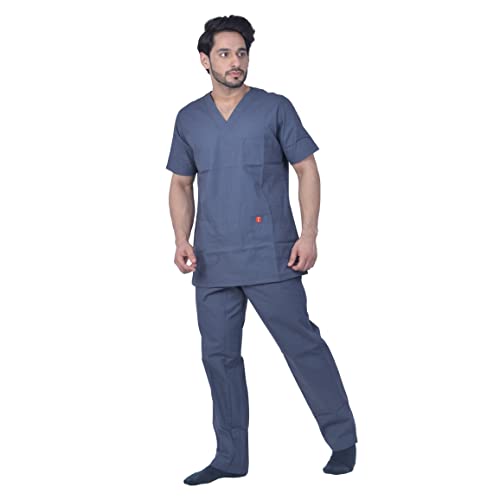 Image of UNISEX V-NECK POLYESTER COTTON MEDICAL SCRUB SUIT FOR DOCTORS (TOP AND BOTTOM) TRIPLE NEEDLE STITCH TOP WITH CHEST POCKET, DARK GREY, 40-L.