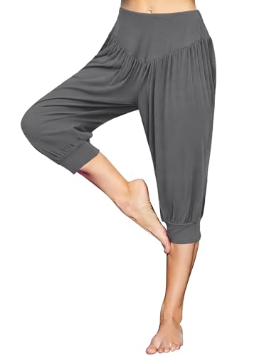 Terecey Pantalon Sarouel Femme Taille Haute Coupe Ample Pantalons 3/4 Été Léger Bouffant Pants pour Pilate Hippie Yoga Fitness Danse Gris Foncé M