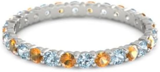 Aquamarine With Citrine Round 2.50 MM Eternity 925 Sterling Silver Women Stackable Engagement Ring