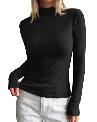 BTFBM Mock Tops for Women Fitted Long Sleeve Shirts Fall Fashion Clothing Thermal Layering Undershirts Going Out Outfits(Black, Large) — view 2