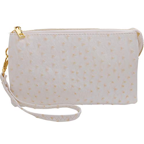 Humble Chic Vegan Leather Faux Ostrich Wristlet - Textured Dot Convertible Wallet Crossbody Bag Clutch Purse with Shoulder Strap, Ivory Ostrich, Off White, Cream - Thumbnail 3
