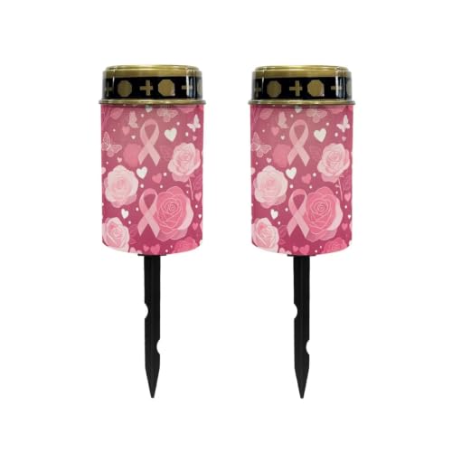Image of Poceacles Solar Lights Outdoor Solar Powered Outdoor Cemetery Stake Candle Grave Lamp Landscape Lighting Waterproof Grave Flameless Candle, Pink Ribbon Rose Butterfly, Pack of 2