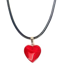 Colgante Rojo Colgante Mujer Ojo de Gato en Forma de Corazón con Cordón Encerado de Cuero Negro y Cierre de Acero Inoxidable - Piedra Energética Amuleto Protector - Regalo perfecto (Rojo)