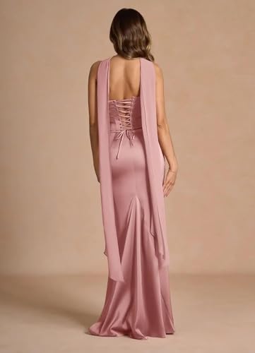Everlong Strapless Bridesmaid Dresses 2025 Long Mermaid Satin Pleated Formal Party Gowns with Scarf EL0182