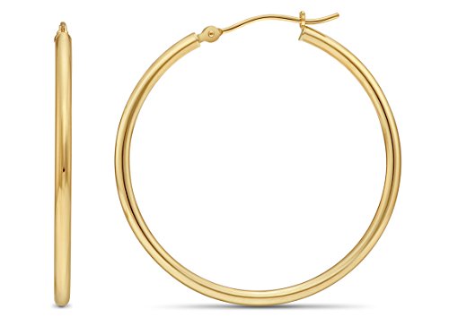 Image of 14k Yellow Gold Classic Shiny Polished Round Hoop Earrings, 2mm tube