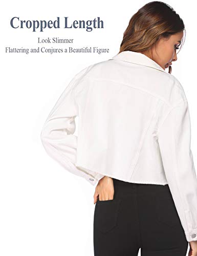 Hotloox Jean Jacket Women’s Frayed Washed Button Up Cropped Denim Jacket With Pockets White L #TOP2
