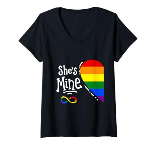 Femme I'm Her's She's Mine LGBTQ Couples Lesbian Pride T-Shirt avec Col en V
