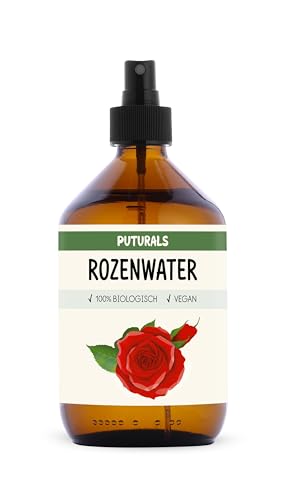 Puturals Agua de rosas 100% Orgánica - 500ml - Prensado en frío y puro - Tóner natural - Botella de vidrio con spray - Hidrolato de agua pura rosa para cara, piel y cabello