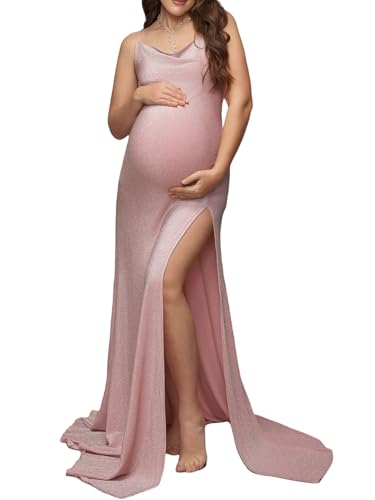 Vestido largo de maternidad de sirena con tirantes ajustables – Vestido ajustado con abertura alta rosa para sesiones de fotos de embarazo, 10, XL