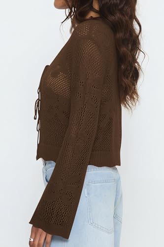 Image of Balimtoy Women Tie Front Cardigan Crochet Sweater Crop Tops Cute Bell Long Sleeve Knit Shrug Beach Vacation Cover Up