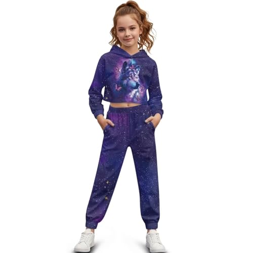 Mintulipy Starry Sky Wolf Print Girls Athletic Sweatsuit, Super Soft 2 Piece Set for All-Day Comfort, Breathable Hoodie and Pants for Active Girls 4-13