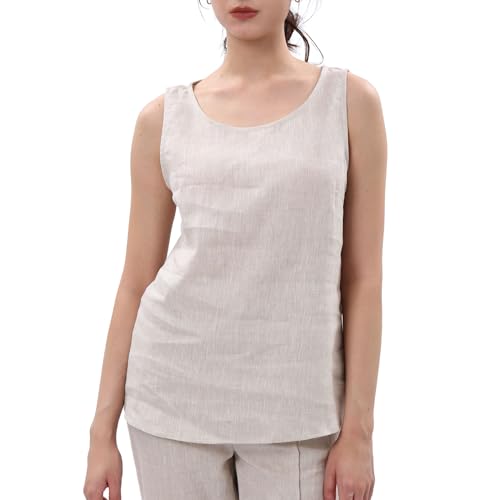 Amazhiyu Natural Linen Sleeveless Tank Tops Basic Summer Casual Crewneck Blouse