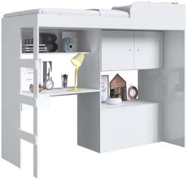 Cama Alta Multifuncional com baú e escrivaninha Lion Branco - Art...