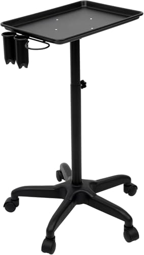Salon Tray, Rolling Cart with Adjustable Height Hair Stylist Tray, Portable Hair Color Service Tray Rolling Trolley On Wheels for Barber Stores, Hairdressing College, Black with Shelf