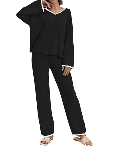 GUOLEZEEV Womens Lounge Set Y2K 2 Piece Soft Pajama Set Loungewear Long Sleeve Top Pant Set Sleepwear Black M
