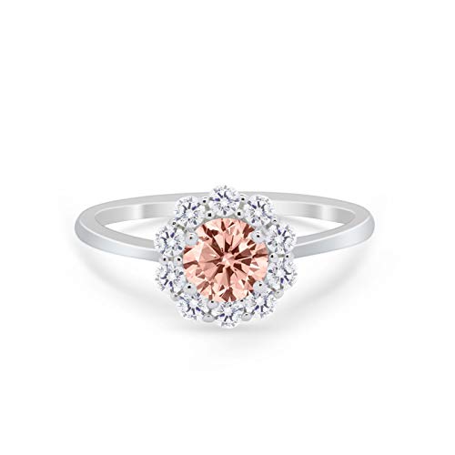 Blue Apple Co. Simulated Morganite Cubic Zirconia Size-7 Halo Art Deco Cluster Floral Wedding Engagement Ring Petite Dainty Round Simulated Cubic Zirconia 925 Sterling Silver