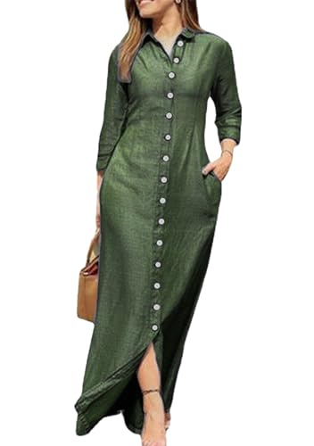 EFOFEI Damen Plus Size Fließendes Maxikleid Vintage Langes Kleid Kaftan Mit Taschen Lässige Lose Maxikleider Kariert Grün M