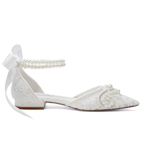 Image of Pearl Wedding Shoes for Bride Flat Lace Bride Shoes Pointed Toe Bridal Flats