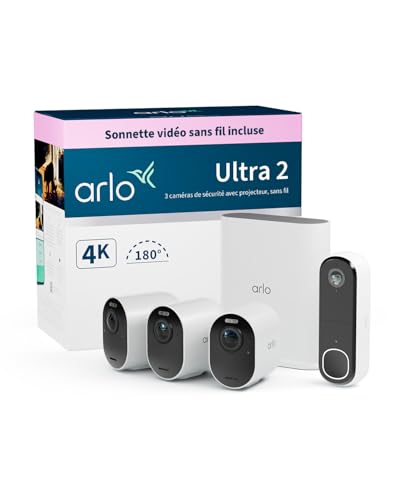 Arlo Ultra 2 4K avec SmartHub Plus Sonnette vidéo, Caméra Video Surveillance WiFi Exterieure sans Fil, Vision Nocturne Couleur, Compatible Alexa, Essai Secure Inclus, Pack de 3 Caméras Blanches