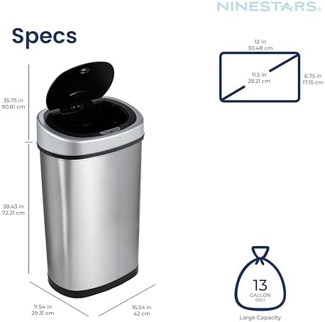 NINESTARS DZT-50-9 Automatic Touchless Infrared Motion Sensor Trash Can, 13 Gal 50L, Stainless Steel Base (Oval, Silver/Black Lid)
