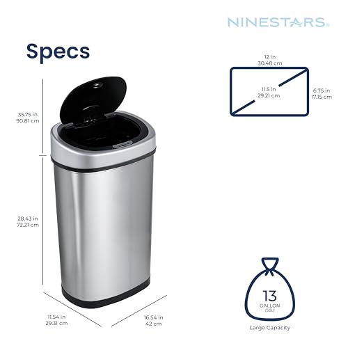 NINESTARS DZT-50-9 Automatic Touchless Infrared Motion Sensor Trash Can, 13 Gal 50L, Stainless Steel Base (Oval, Silver/Black Lid)