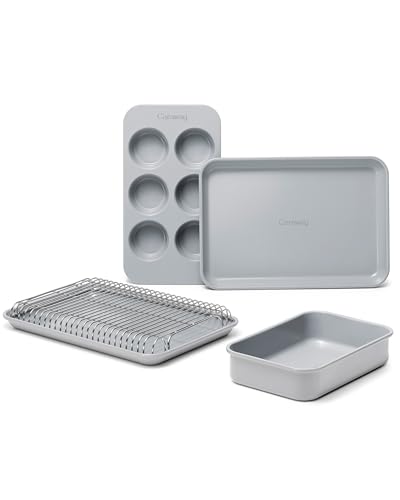 Caraway Mini Bakeware Set  Naturally Non-Stick, Non-Toxic Ceramic Coating  Compact Baking Pans Set for Small Kitchens & Ovens  Includes Baking Sheets, Muffin Pan, Cooling Rack & Storage - Gray