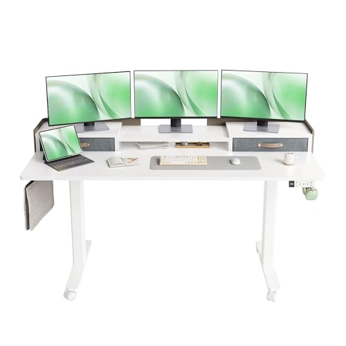 Image of Claiks Standing Desk with Drawers & Wheels, 2 Height Shelf 63 inch White
