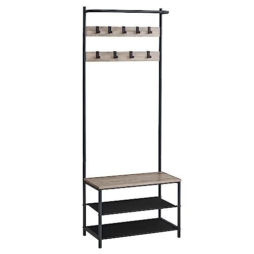VASAGLE Hall Tree with Bench and Shoe Storage, Entryway Bench with Coat Rack Stand and Shoe Rack, 9 Movable Hooks, Top Bar, Fabric Shelves, Industrial