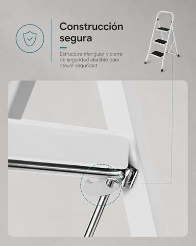 Miniatura 5 de Escalera Plegable De Metal Domestica Color Gris Oscuro, Taburete Plegable Peldaño Extra Ancho Y Con Apoyabrazos Carga Hasta 150 Kg 2p Blanca