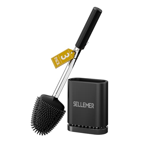 Image of Sellemer Silicone Toilet Brush, Ventilation Slots Base Holder 3 Pack, Black | Flexible Bristles Flat Head for Rim, Hair Tangle-Free, Easy to Clean, Compact Design, Rustproof Handle, for Toilet /Sink /Tub