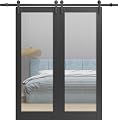 SARTODOORS Sturdy Double Barn Door 72 x 96 inches | Lucia 1299 Matte Black with Mirror | 13FT Rail Hangers Heavy Set | Solid Panel Interior Doors