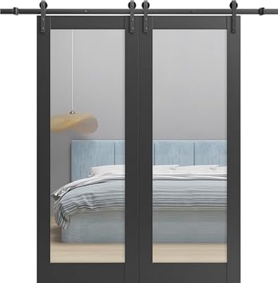 SARTODOORS Sturdy Double Barn Door 72 x 96 inches | Lucia 1299 Matte Black with Mirror | 13FT Rail Hangers Heavy Set | Solid Panel Interior Doors