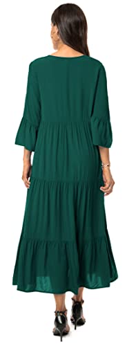 Viishow Women Casual Trendy Dresses Ruffle 3/4 Sleeve Tie Neck High Waist Ruffle Hem Flowy Boho Dress (Dark Green,Medium) #TOP3